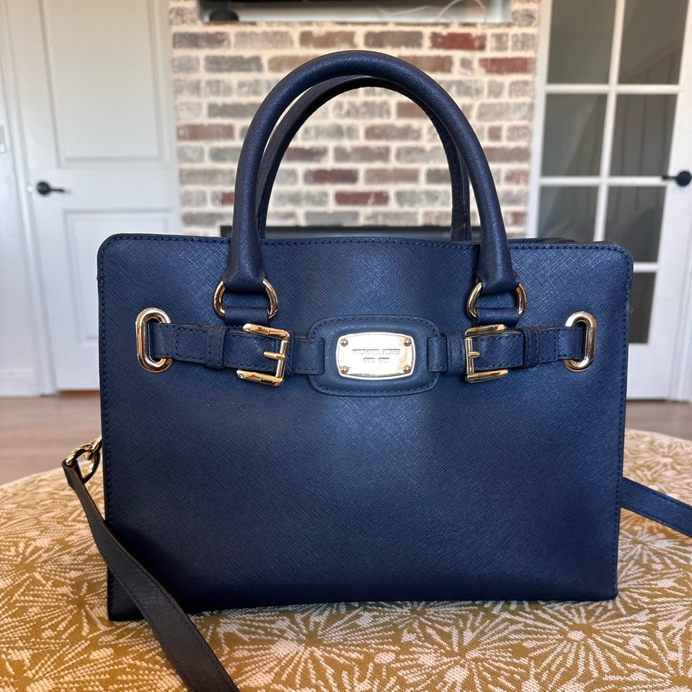 Michael Kors Hamilton East West Navy Saffiano Leather Satchel with Gold Hardware
